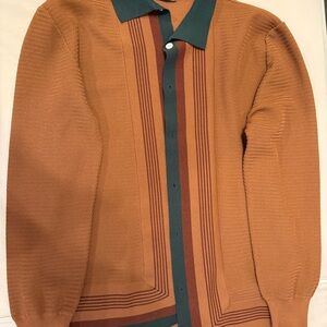Paul Jones Men’s Knit Button Up Shirt Brown Green Striped Sweater Top Size L